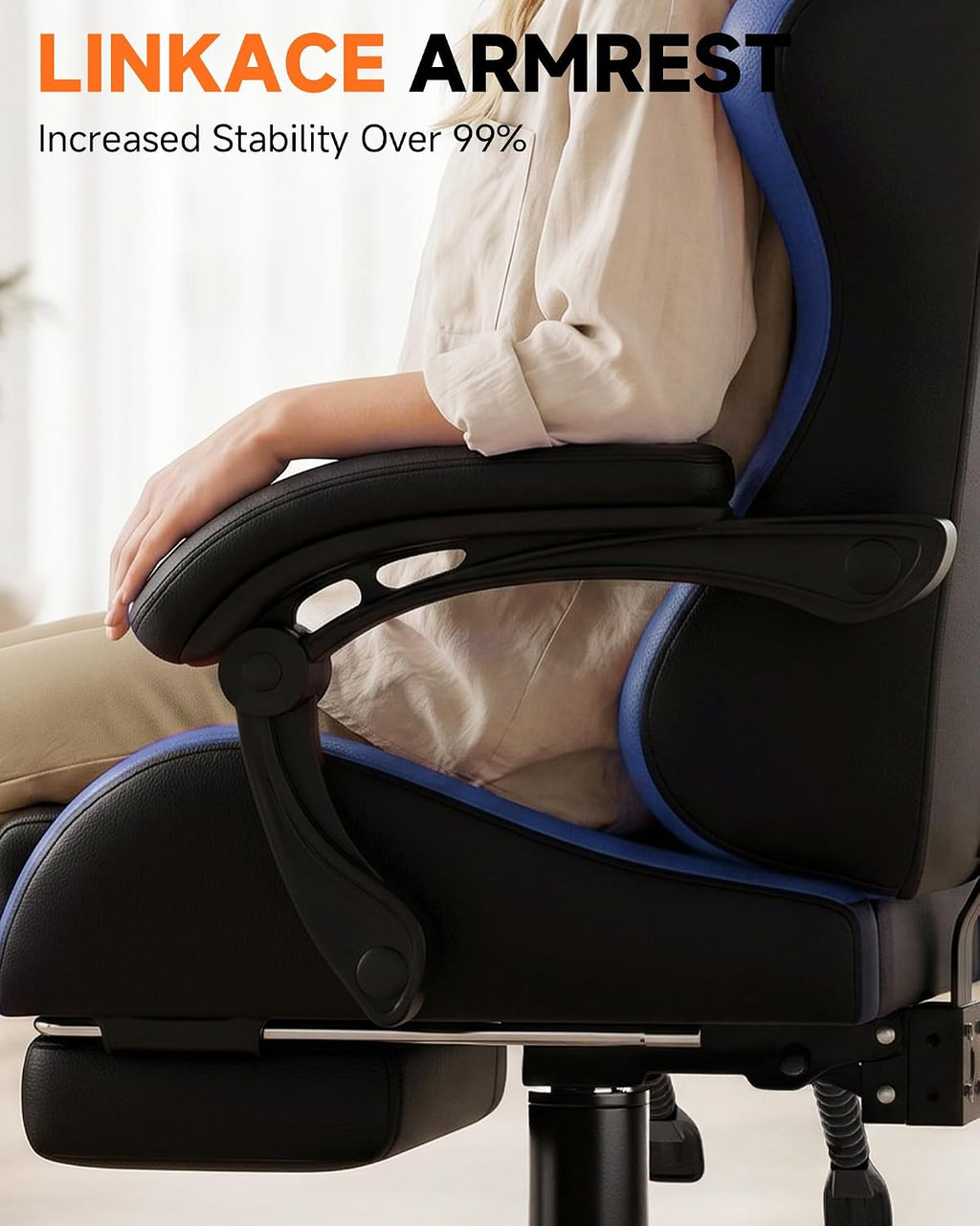 GTPLAYER Gaming Chair with Footrest, Computer Gaming Chair for Adults and Kids, Height Adjustable Gamer Chair with 90-155° Recline & Removable Headrest Lumbar Support, Dark Black-Blue