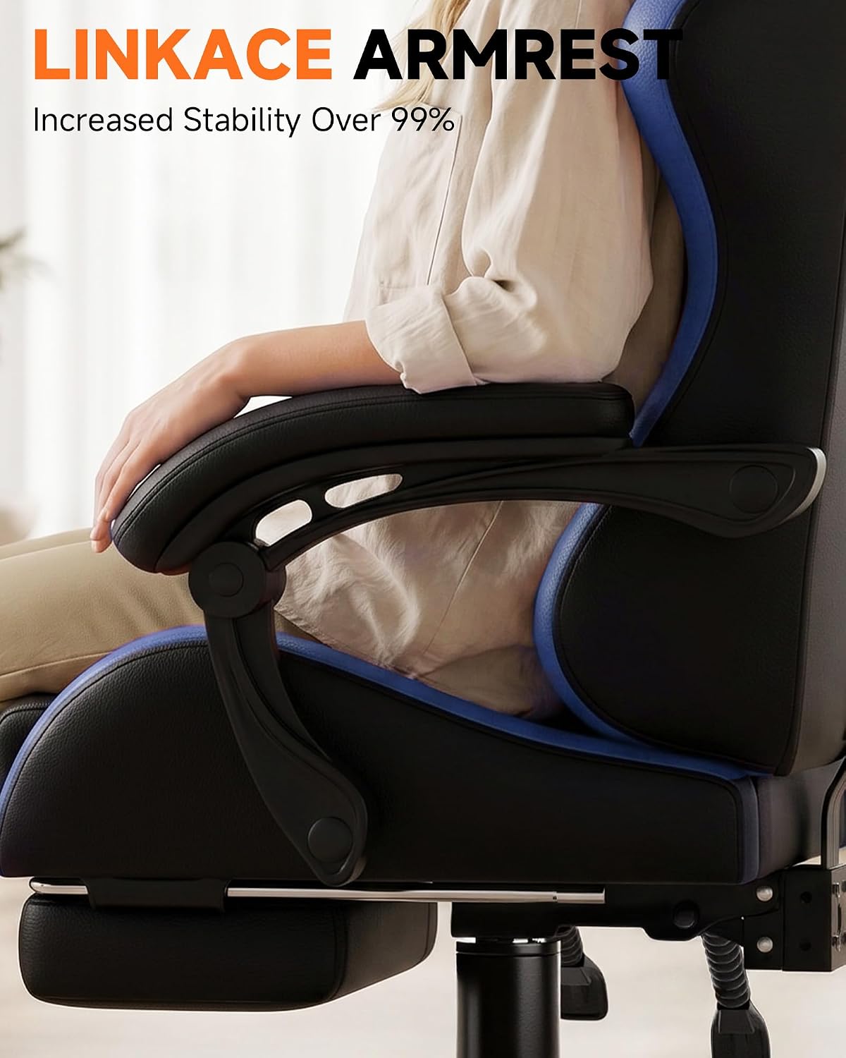 GTPLAYER Gaming Chair with Footrest, Computer Gaming Chair for Adults and Kids, Height Adjustable Gamer Chair with 90-155° Recline & Removable Headrest Lumbar Support, Dark Black-Blue