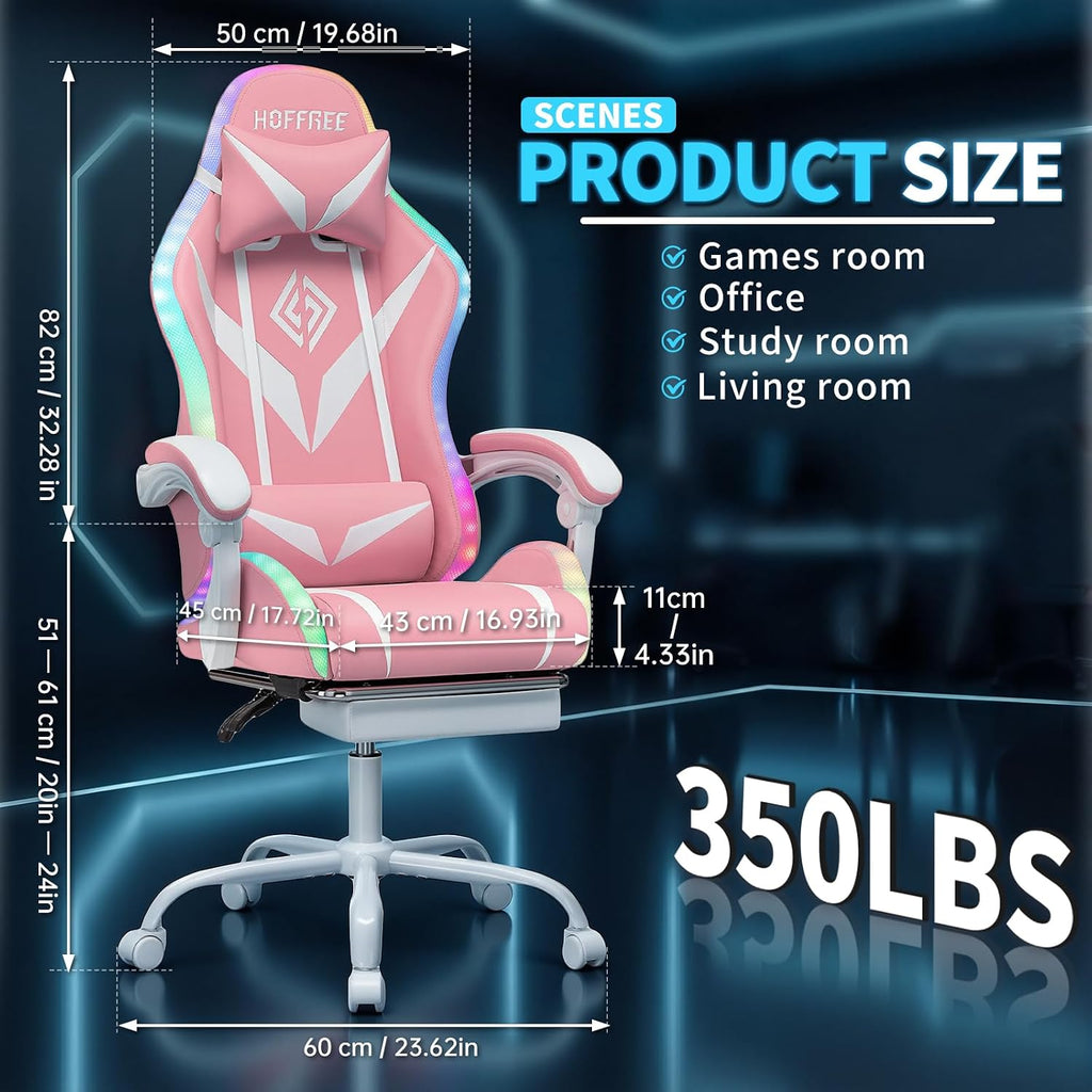 Gaming Chair Pink Massage with Bluetooth Speakers and RGB LED Lights Cute Ergonomic Computer Massage Gaming Chair with Footrest Music Video Game Chair High Back with Lumbar Support Pink and White