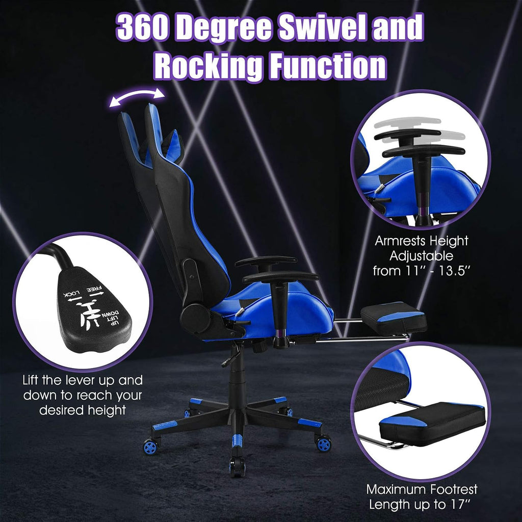 Giantex Massage Gaming Chair, Ergonomic Video Game Chair with Footrest, High Back E-Sport Computer Chair with Headrest & Massager Lumbar Support, PU Leather Gaming Seat (Blue)