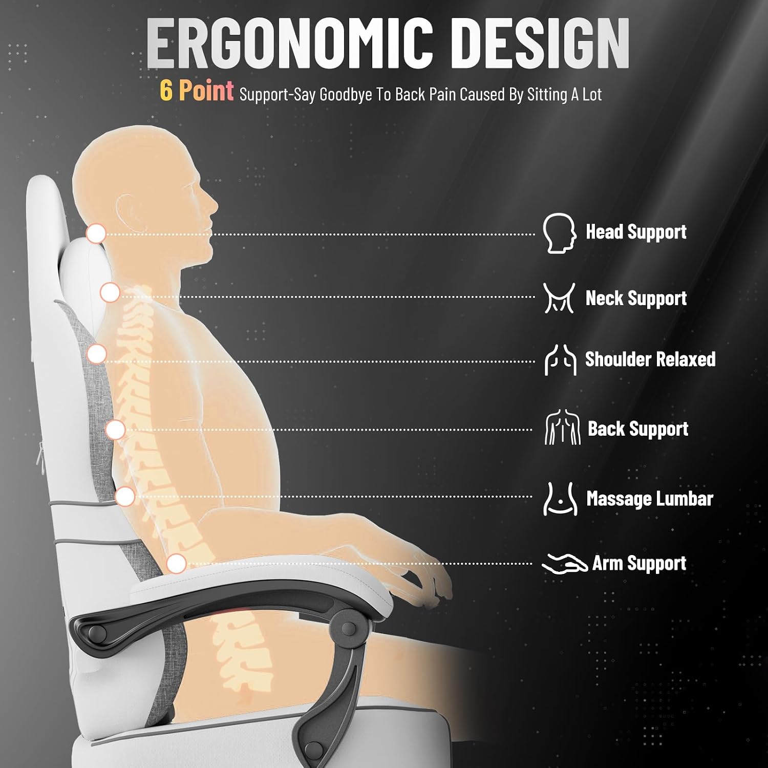 Ferghana Gaming Chair, Breathable Fabric Computer Chair with Footrest and Linkage Armrest, Ergonomic Office Game Chair with Massage Lumbar Support for Adult, White
