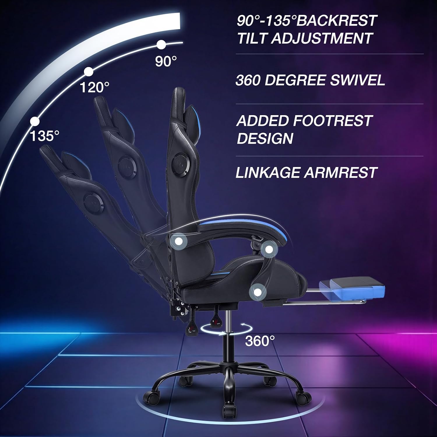 HOFFREE RGB Gaming Chair with Speakers Massage Computer Gaming Chair with LED Lights and Footrest High Back Video Game Chair for Adults Blue and Black