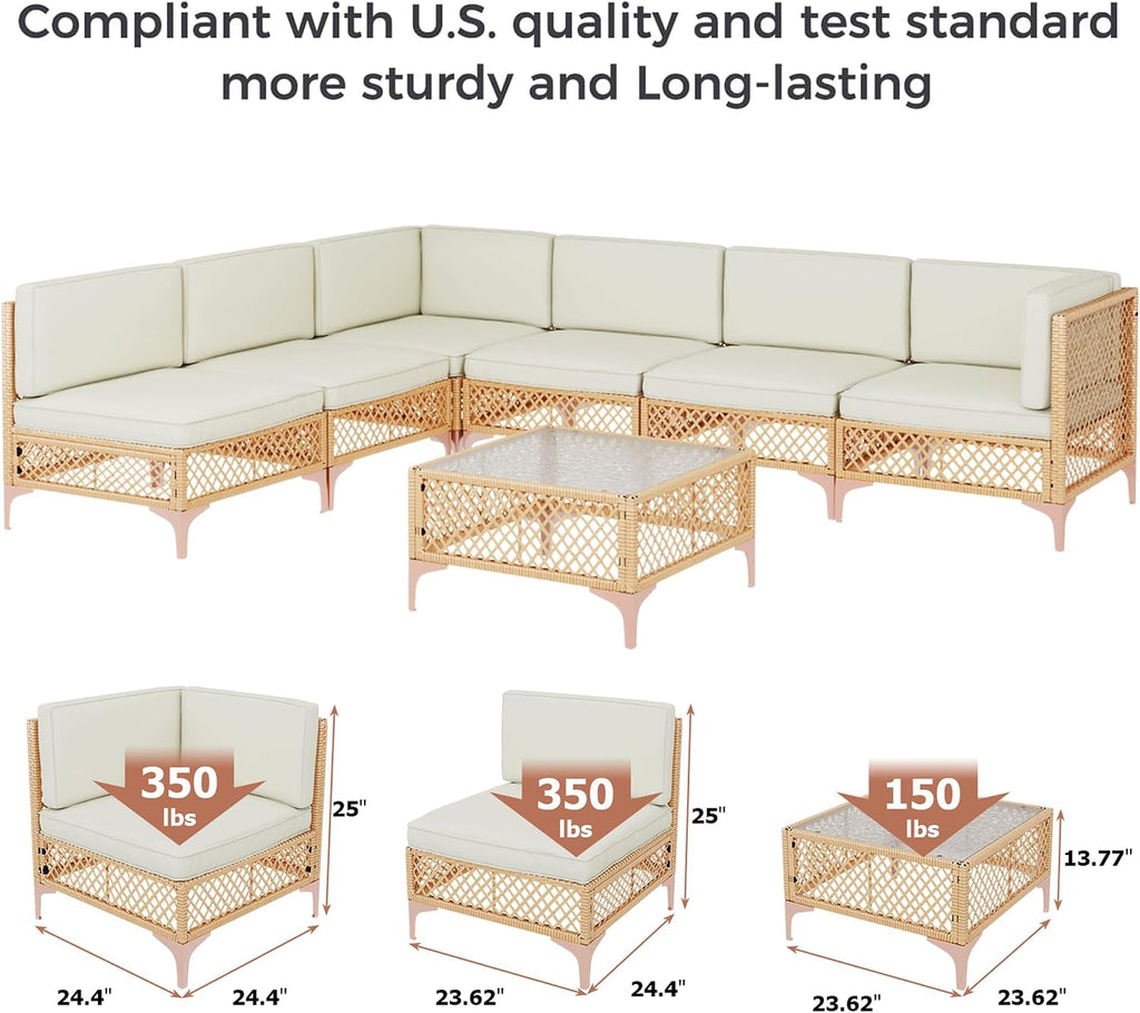 LYNSLIM Outdoor Patio Furniture Set, Wicker Outdoor Sectional Set, Boho Patio Conversation Sectional Sofa with Large Tempered Glass Coffee Table and Waterproof Cushion (7-Piece Thickened)