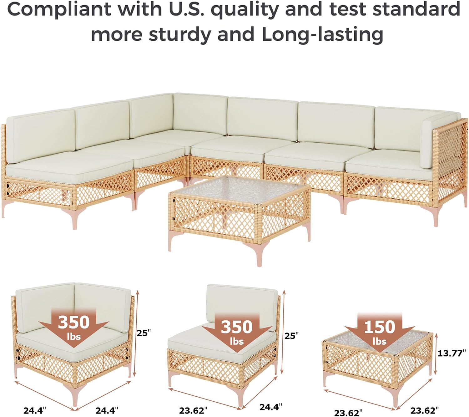LYNSLIM Outdoor Patio Furniture Set, Wicker Outdoor Sectional Set, Boho Patio Conversation Sectional Sofa with Large Tempered Glass Coffee Table and Waterproof Cushion (7-Piece Thickened)