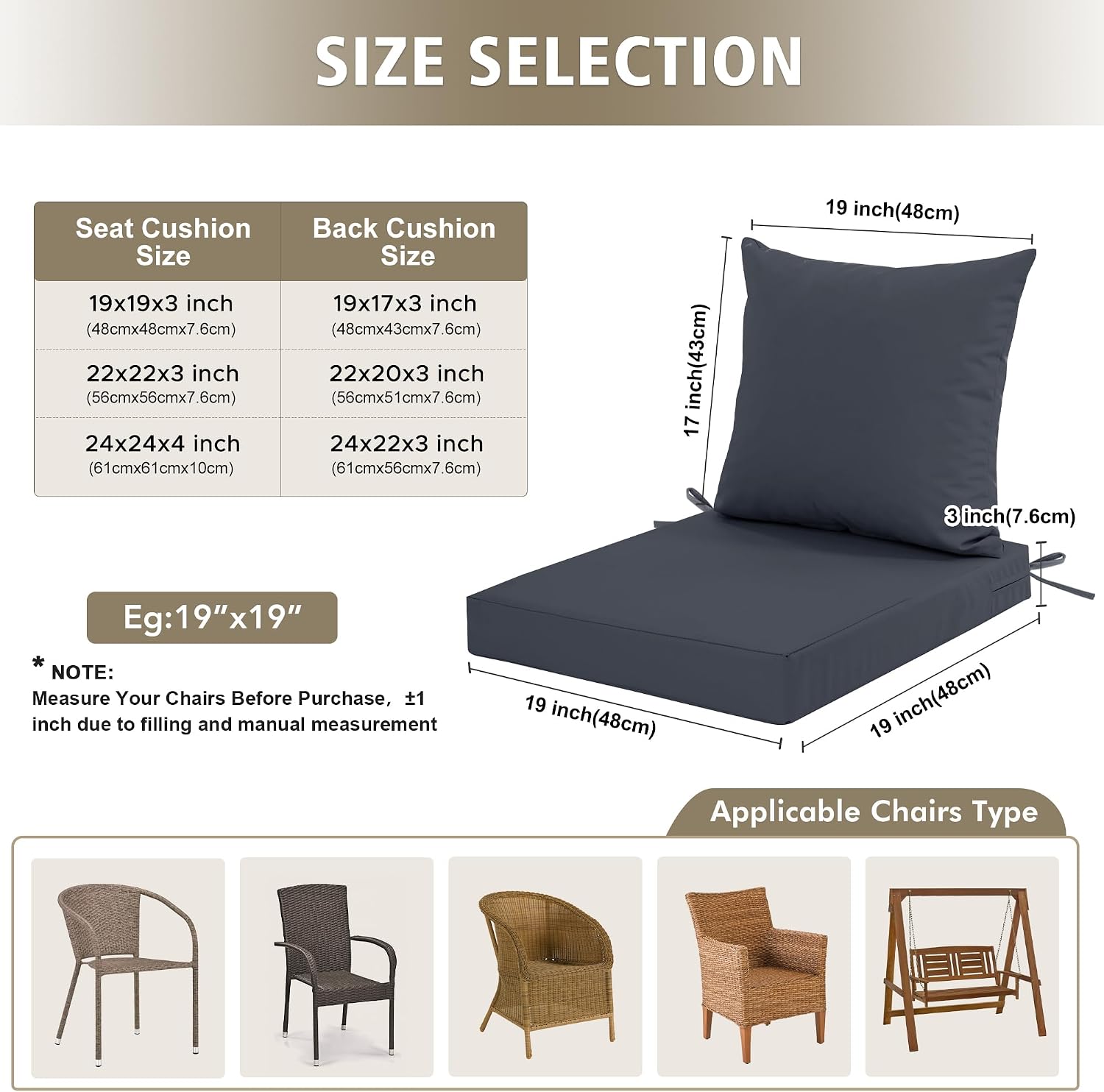 Outdoor Cushions for Patio Furniture, Waterproof Outdoor Chair Cushion w/Fade-Resistant, Removable & Machine-Washable Cover, 22x22 Inch, Deep Seat Sofa/Couch Pad Replacement – Set of 4, Dark Grey