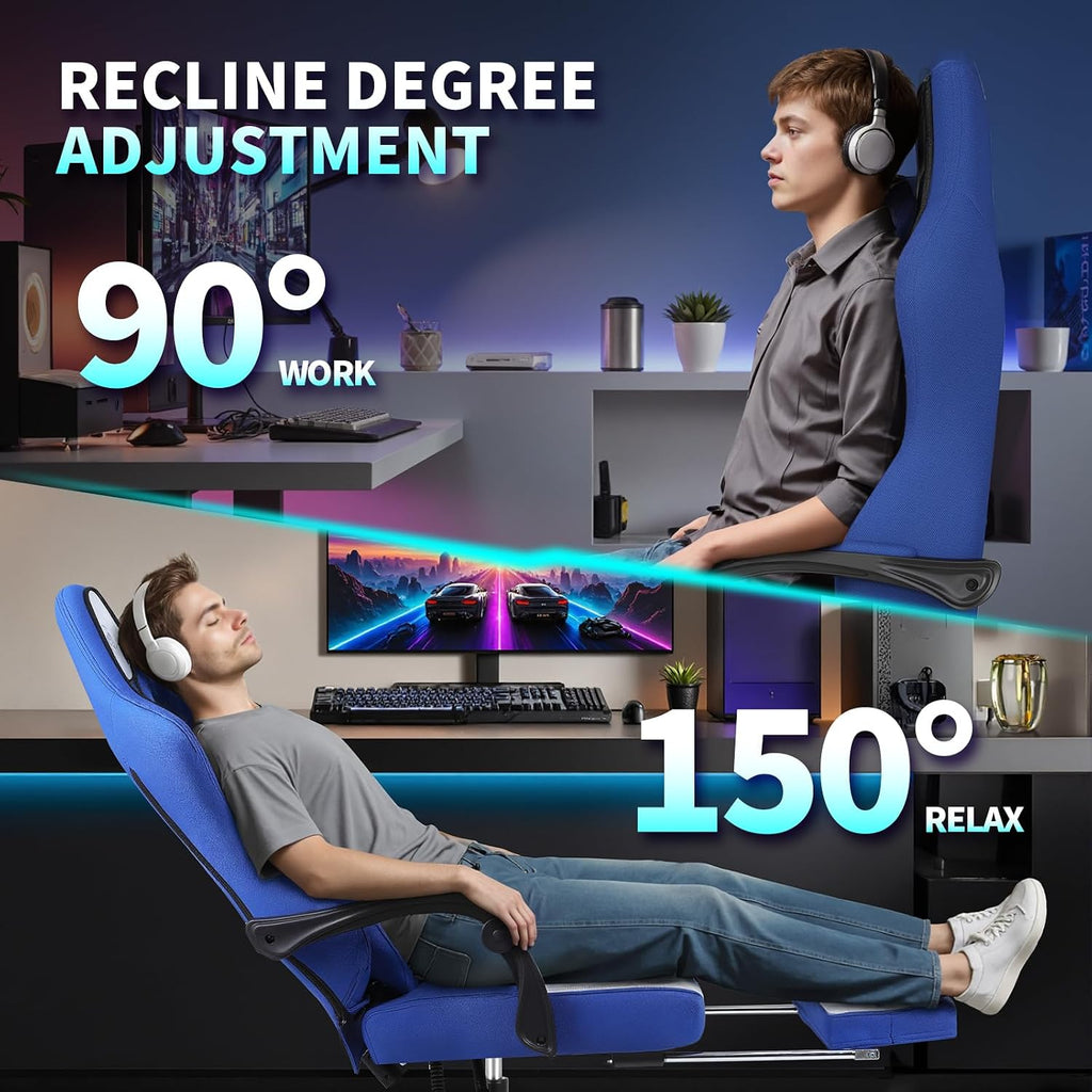 Gaming Chair, Ergonomic Computer Chair with Footrest, Big Tall PC Gamer Chair with Headrest and Massage Lumbar Support, 360° Swivel Height Adjustable Fabric Video Office Chairs for Adults (Blue)