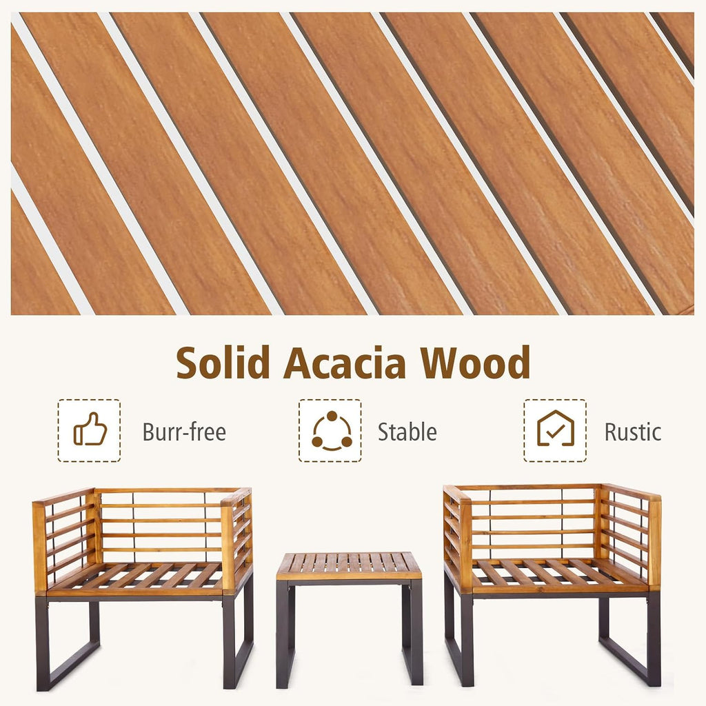 Tangkula 3 Pieces Acacia Wood Patio Bistro Set, Outdoor Conversation Set with Cushioned Armchairs and Square Coffee Table, Patio Furniture Set for Porch, Deck, Balcony