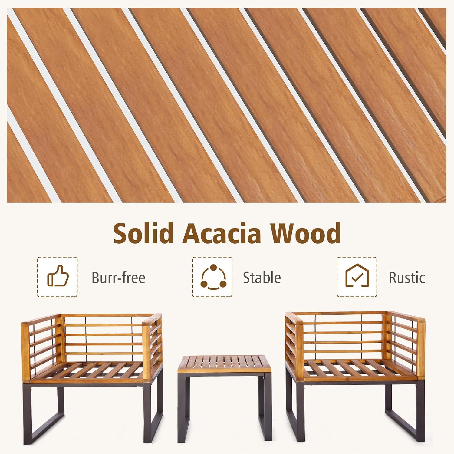 Tangkula 3 Pieces Acacia Wood Patio Bistro Set, Outdoor Conversation Set with Cushioned Armchairs and Square Coffee Table, Patio Furniture Set for Porch, Deck, Balcony