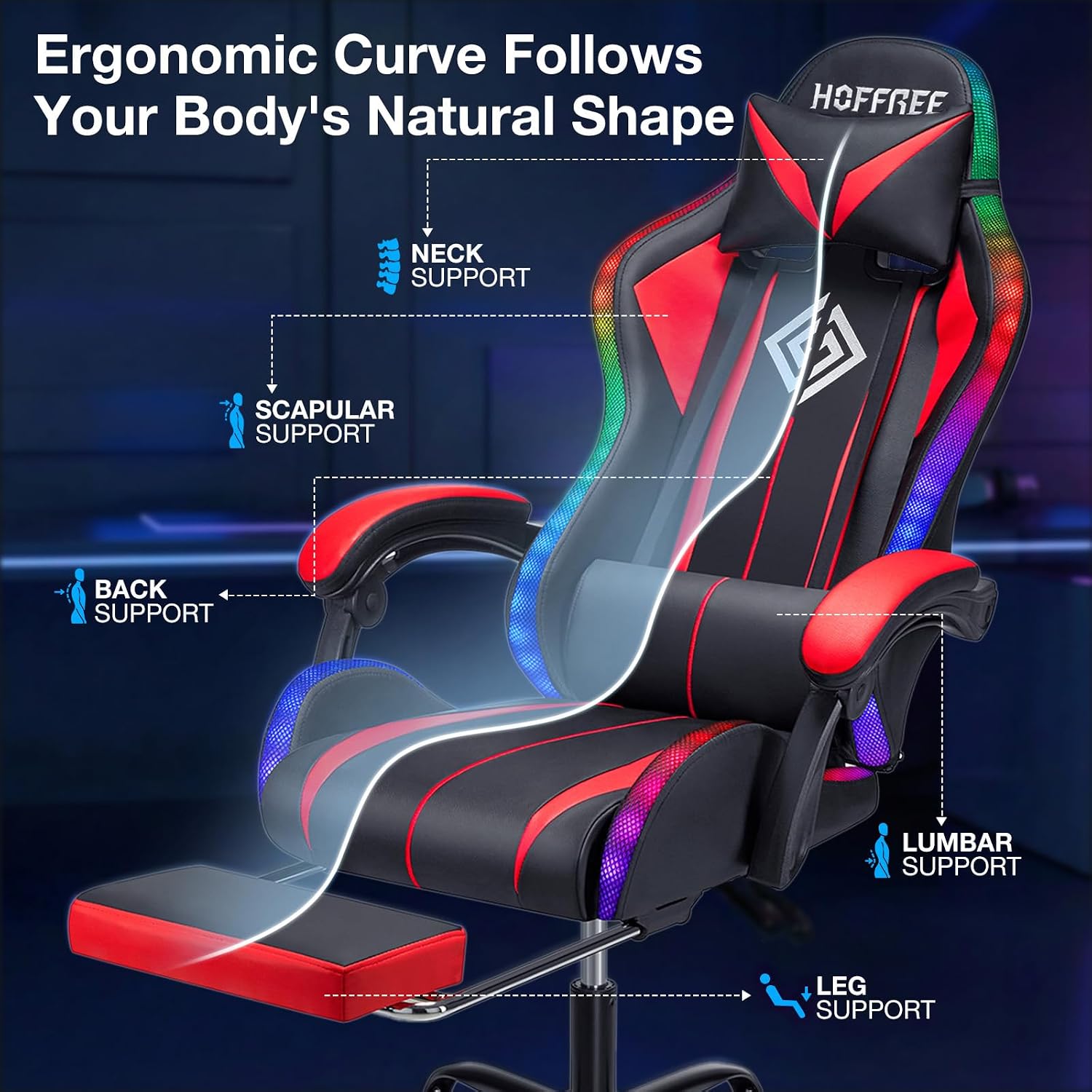 HOFFREE RGB Gaming Chair with Speakers Massage Computer Gaming Chair with LED Lights and Footrest High Back Video Game Chair for Adults Red and Black