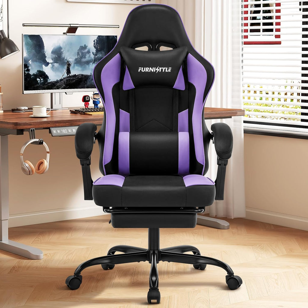 Gaming Chair, Purple Gaming Chairs for Adults Teens, High-Back Ergonomic Computer Chair with Extended Footrest, Removable Headrest & Lumbar Support, Wide PU Leather Reclining Desk Chair