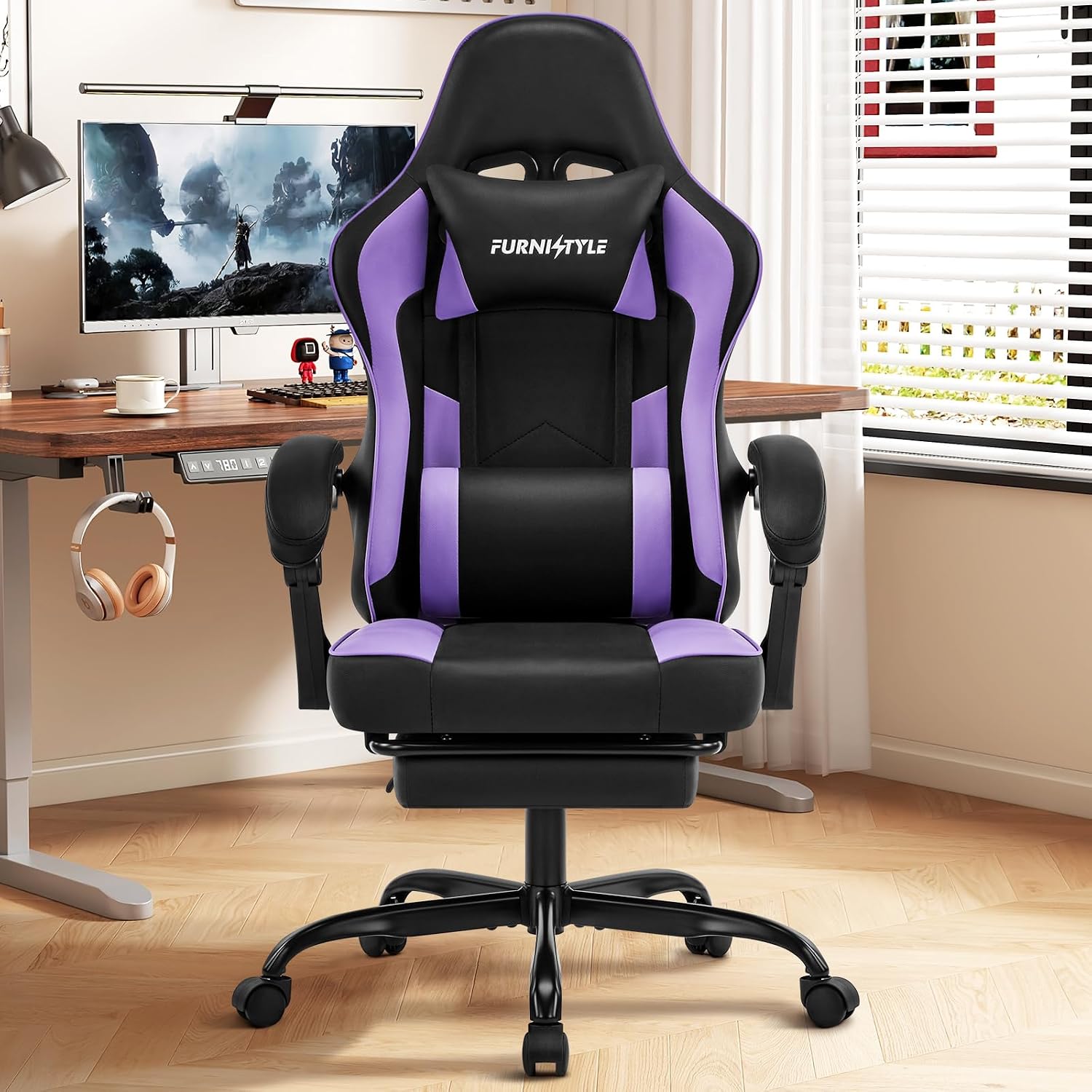 Gaming Chair, Purple Gaming Chairs for Adults Teens, High-Back Ergonomic Computer Chair with Extended Footrest, Removable Headrest & Lumbar Support, Wide PU Leather Reclining Desk Chair