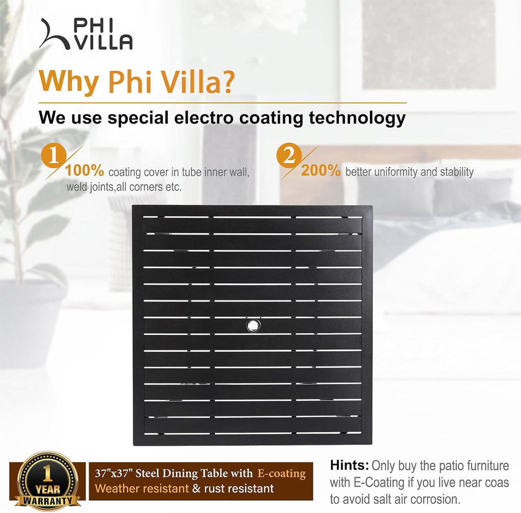 PHI VILLA 5-Piece Metal Patio Outdoor Table and Chairs Dining Set- 37' Square Bistro Table and 4 Backyard Garden Chairs, Table with 1.57' Umbrella Hole