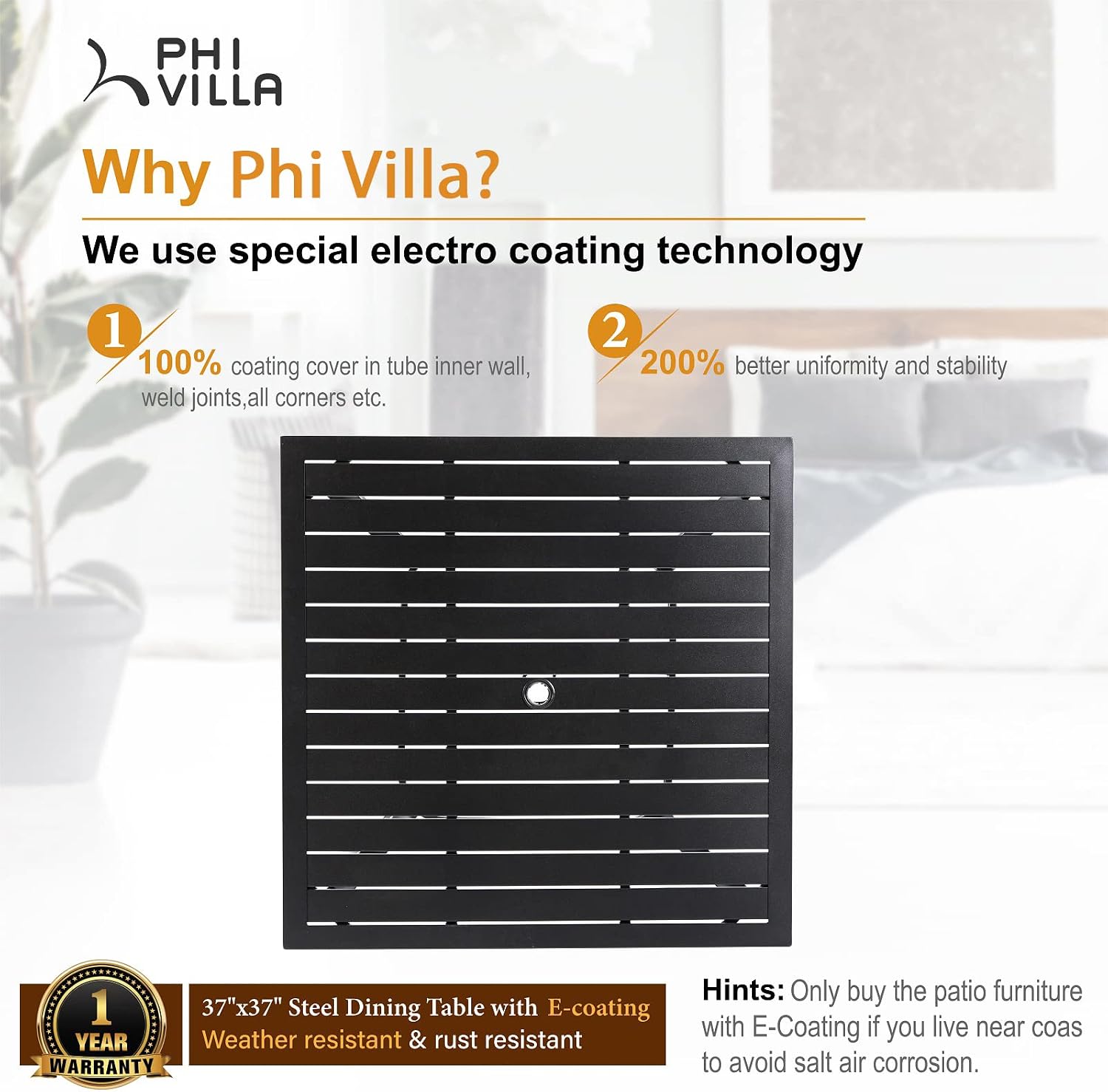 PHI VILLA 5-Piece Metal Patio Outdoor Table and Chairs Dining Set- 37' Square Bistro Table and 4 Backyard Garden Chairs, Table with 1.57' Umbrella Hole
