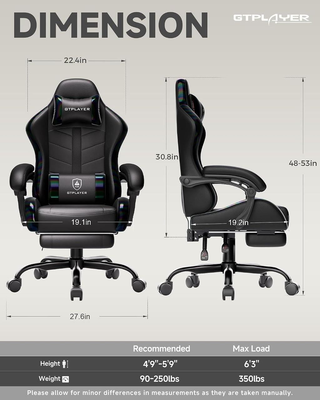 GTPLAYER Gaming Chair with Footrest, Computer Gaming Chair for Adults and Kids, Height Adjustable Gamer Chair with 90-155° Recline & Removable Headrest Lumbar Support, 01 Iridescent Black