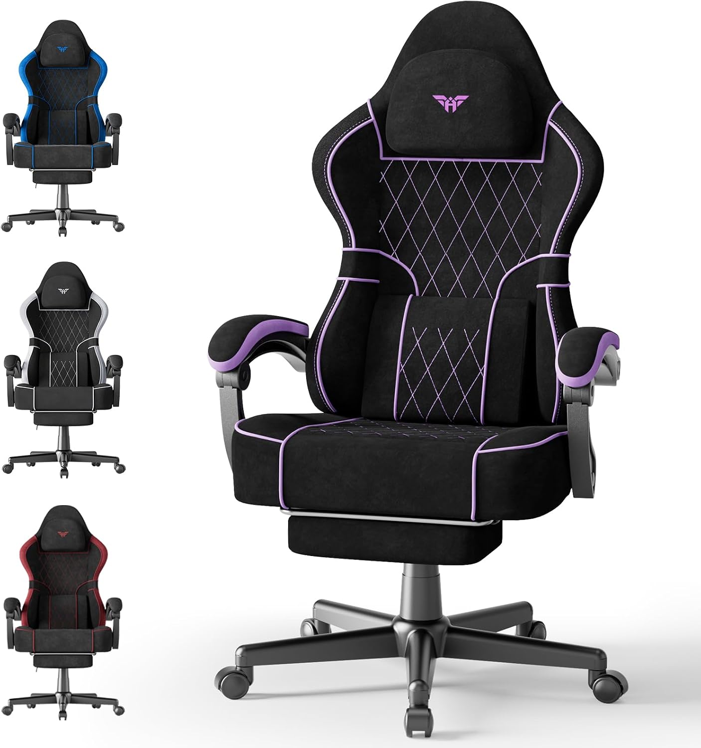 Ferghana Gaming Chair, Velvet Fabric Comfortable Computer Chair with Footrest and Linkage Armrest, Ergonomic High Back Game Chair with Massage Lumbar Support for Adult, Black/Purple