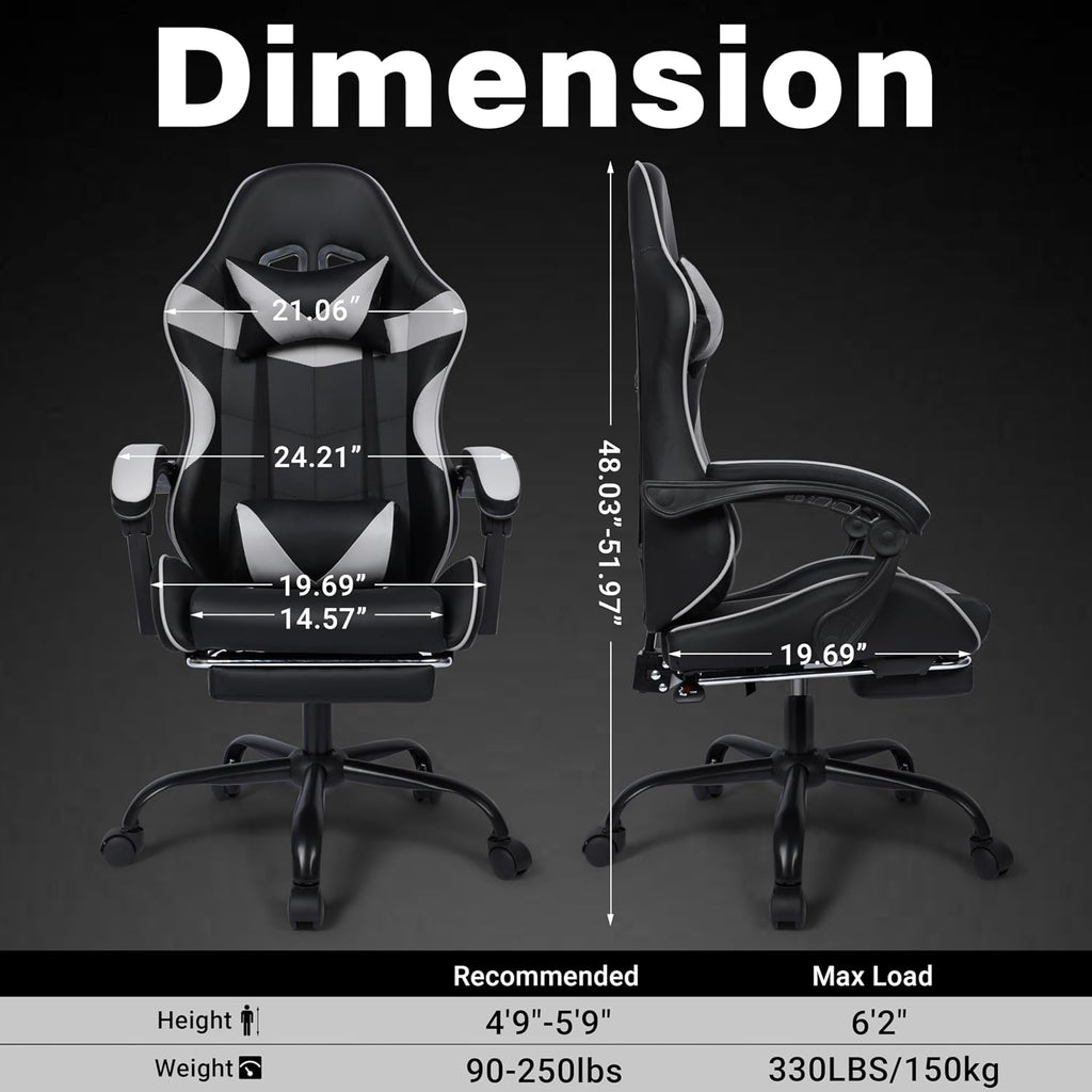 FAB&Deluxe Gaming Chair, Ergonomic Computer Office Chair with Footrest and Lumbar Support, Height Adjustable Desk Chair with 360° Swivel Seat and Headrest, Grey & Black