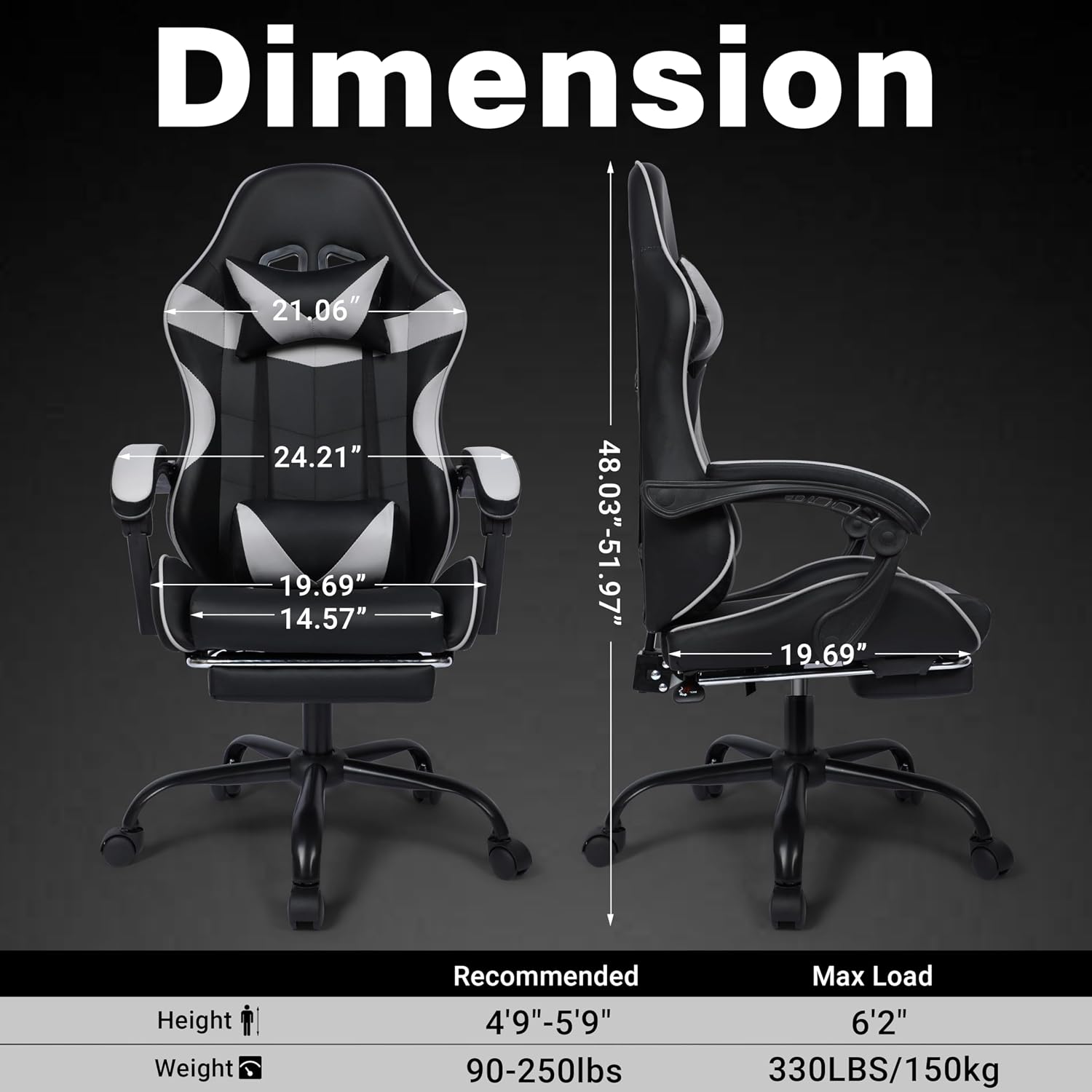 FAB&Deluxe Gaming Chair, Ergonomic Computer Office Chair with Footrest and Lumbar Support, Height Adjustable Desk Chair with 360° Swivel Seat and Headrest, Grey & Black