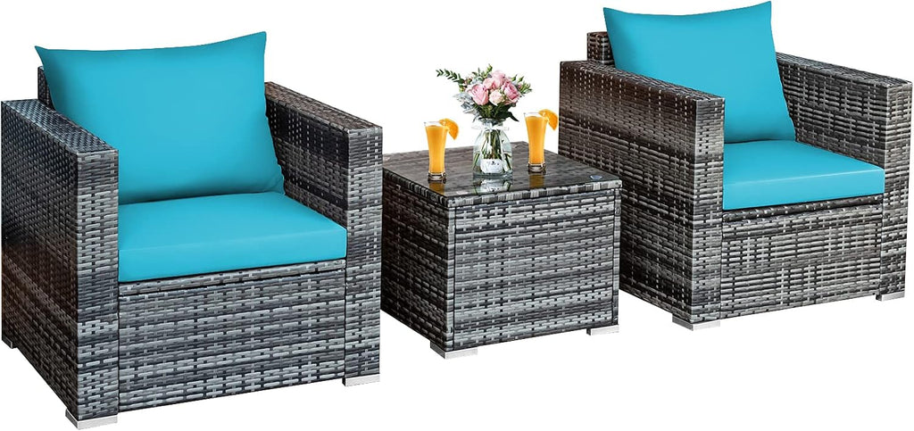 COSTWAY 3-Piece Patio Furniture Set, Outdoor Wicker Rattan Sofa with Cushions and Coffee Table, Conversation Chair Set for Poolside Backyard Balcony Lawn (Turquoise)
