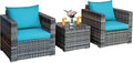 COSTWAY 3-Piece Patio Furniture Set, Outdoor Wicker Rattan Sofa with Cushions and Coffee Table, Conversation Chair Set for Poolside Backyard Balcony Lawn (Turquoise)