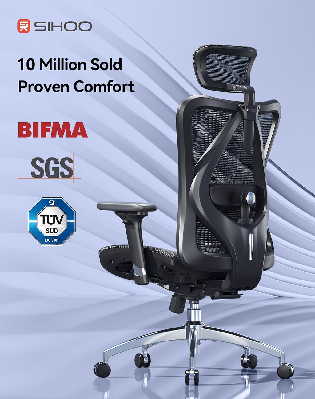 SIHOO M57 Ergonomic Mesh Office Chair, High Back Home Desk Chair with 3D Armrests, Lumbar Support and Adjustable Headrest, Comfortable Computer Chair, Big & Tall Office Chair Hold 330 LBS-Black