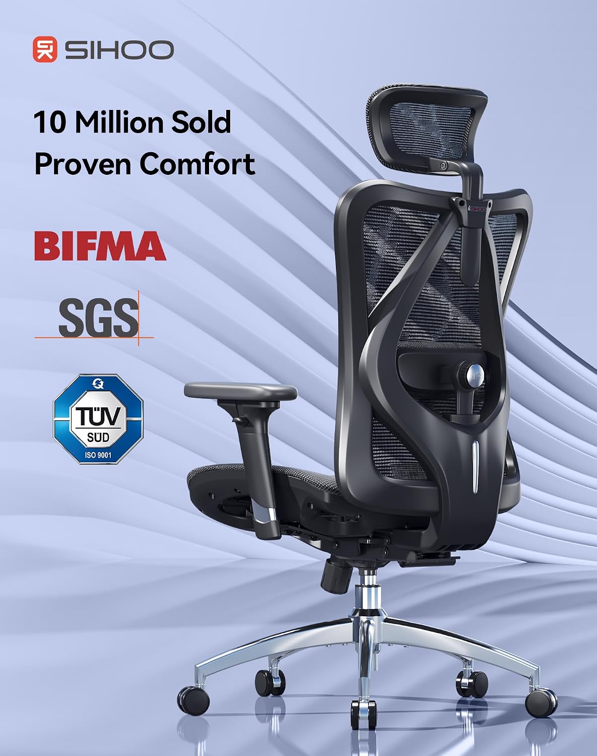 SIHOO M57 Ergonomic Mesh Office Chair, High Back Home Desk Chair with 3D Armrests, Lumbar Support and Adjustable Headrest, Comfortable Computer Chair, Big & Tall Office Chair Hold 330 LBS-Black