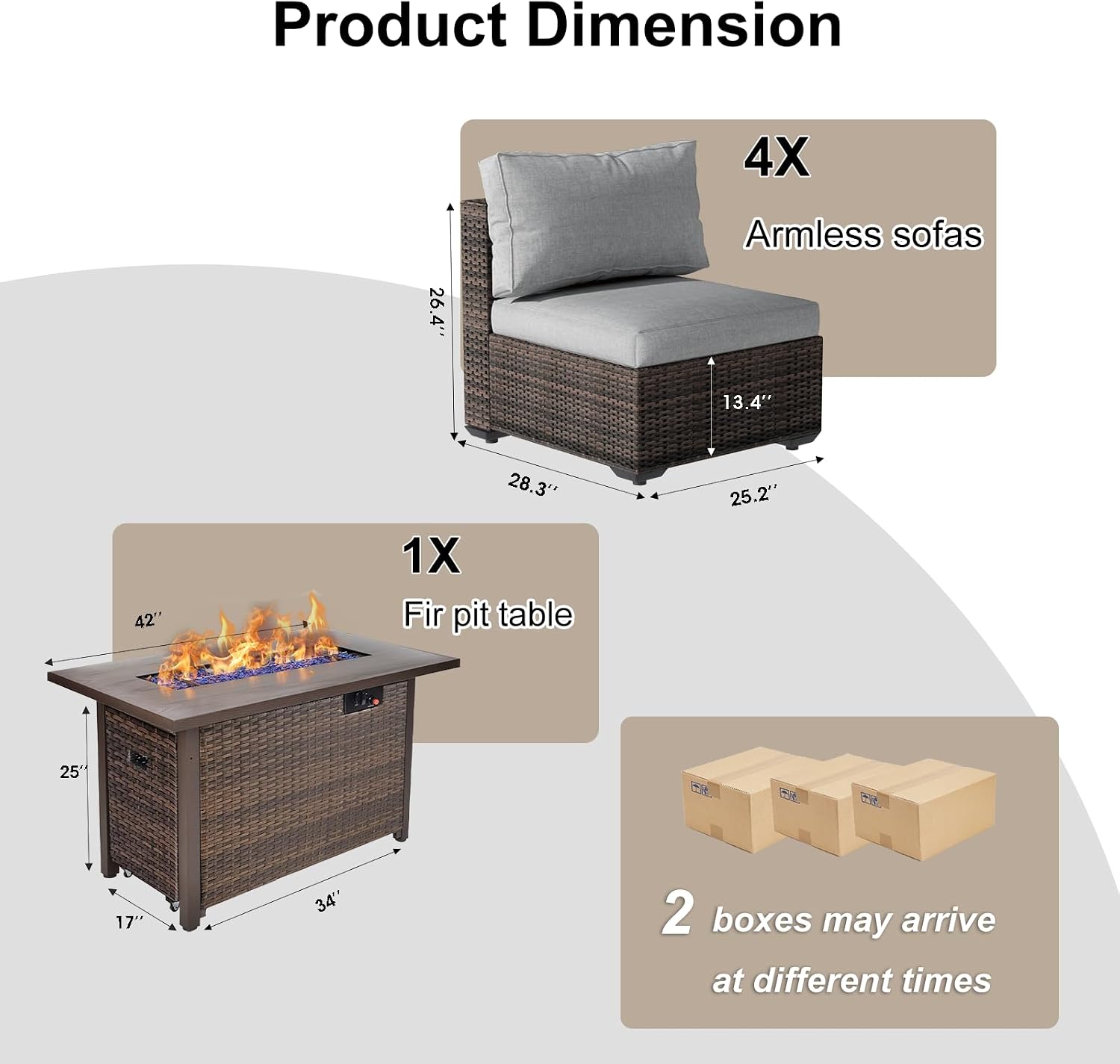 5 Piece Patio Furniture Set with Fire Pit Table, Outdoor Sectional Sofa PE Rattan, Patio Conversation Sets with Cushions for Garden Lawn Balcony Porch Deck Grey
