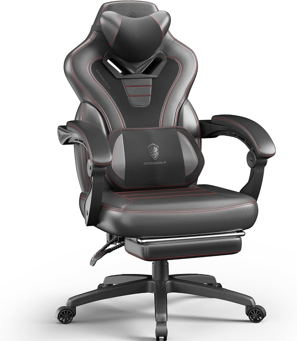 Dowinx Gaming Chair with Footrest, Game Chair for Heavy People, Gamer Chair for Adult with Massage, Computer Gaming Chair with PU, PC Game Chairs for 200lbs (Black)
