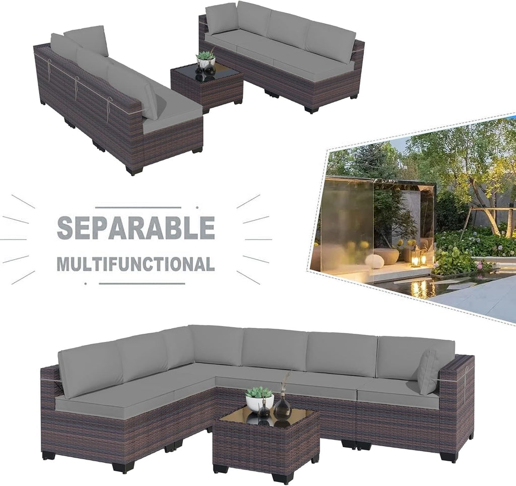Kullavik 7 Pieces Outdoor Patio Furniture Set,Wicker Outdoor Sectional Sofa,All-Weather Patio Conversation Sets with Washable Thick Cushions & Coffee Table for Garden,Backyard,Balcony,Porch,Grey
