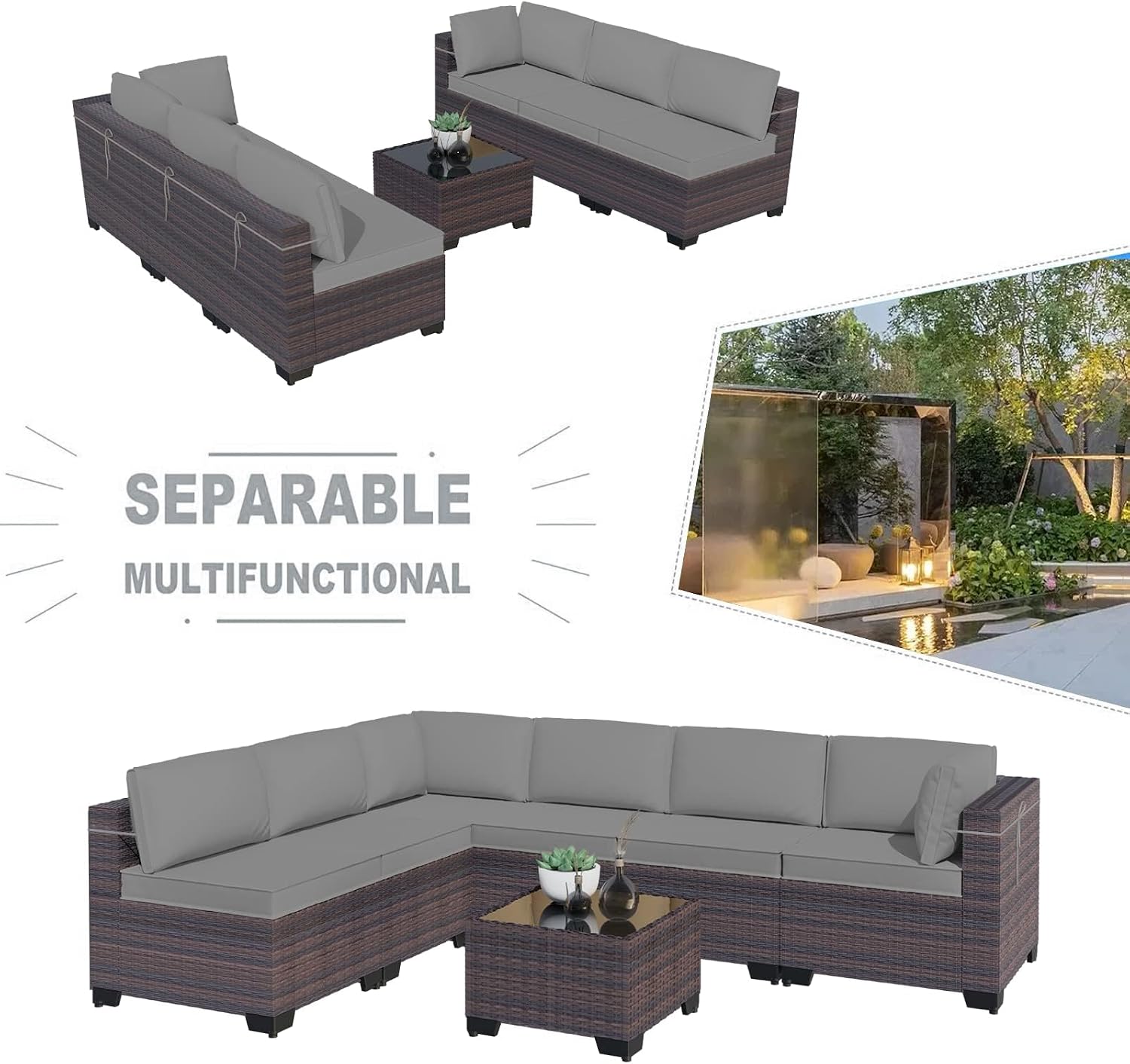 Kullavik 7 Pieces Outdoor Patio Furniture Set,Wicker Outdoor Sectional Sofa,All-Weather Patio Conversation Sets with Washable Thick Cushions & Coffee Table for Garden,Backyard,Balcony,Porch,Grey