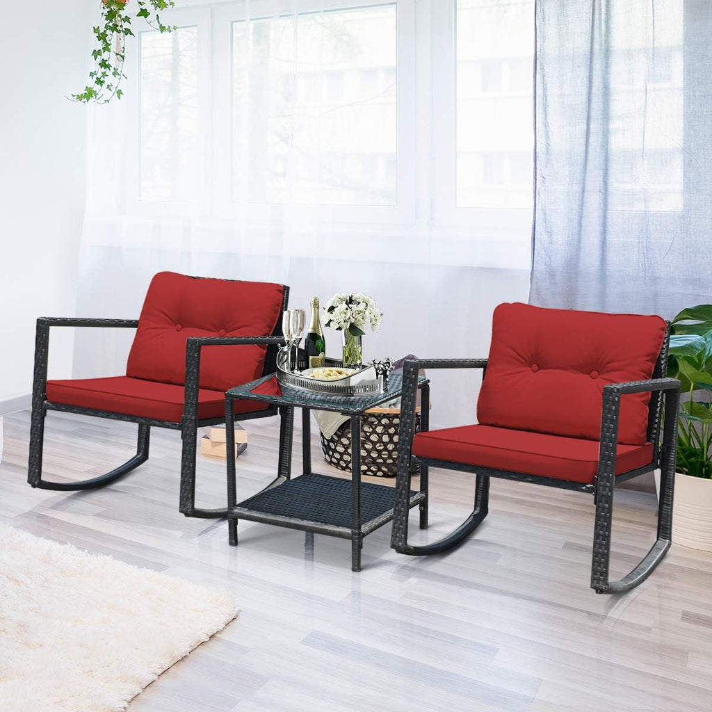 COSTWAY 3 Pieces Patio Rattan Rocking Chair Set, Outdoor Conversation Furniture Sets with Coffee Table, Storage Shelf and Cushions, Modern Bistro Set for Porch, Backyard, Garden, Red