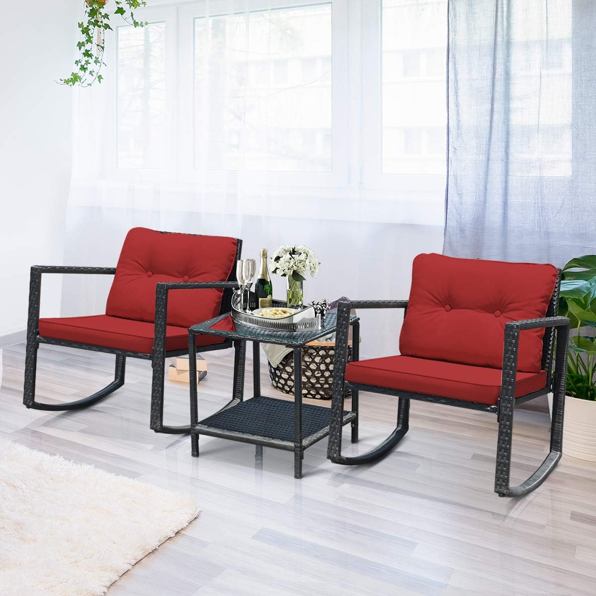 COSTWAY 3 Pieces Patio Rattan Rocking Chair Set, Outdoor Conversation Furniture Sets with Coffee Table, Storage Shelf and Cushions, Modern Bistro Set for Porch, Backyard, Garden, Red