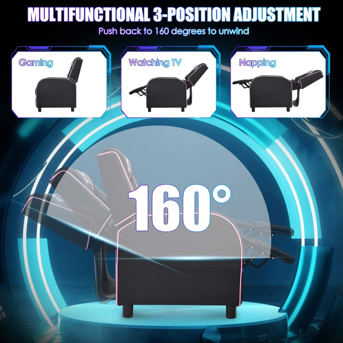Giantex Gaming Recliner Chair, Adjustable Massage Gaming Chairs for Adults, Ergonomic Comfortable Lounge Leather Sofa w/Footrest, Remote Control & Side Pocket, Racing Style Single Sofa Recliners, Pink