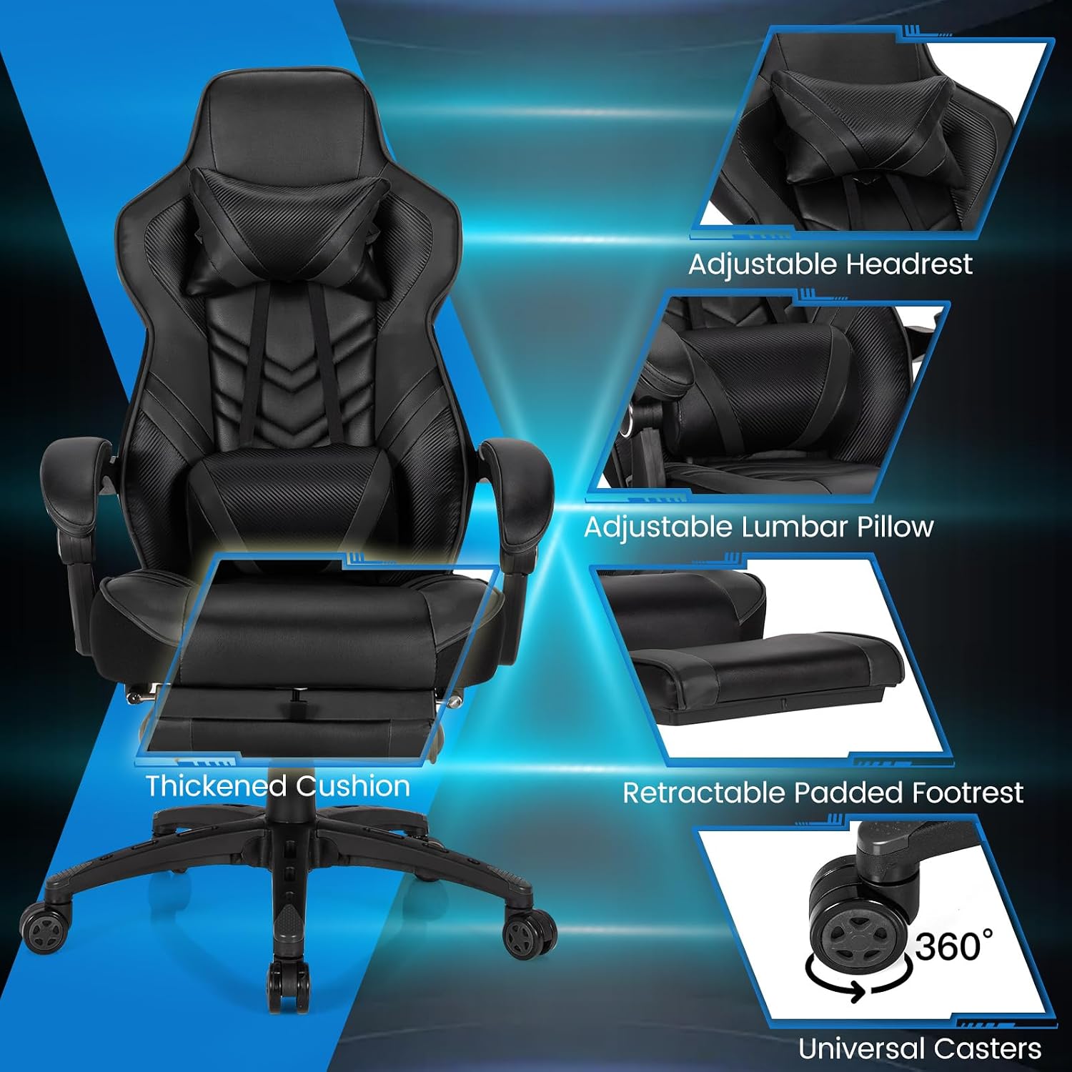 Goplus Gaming Chair, Computer Chair with Footrest and Lumbar Support, Height Adjustable Executive Swivel Rolling Task Chair with 90°-155° Tilt Function (Black)
