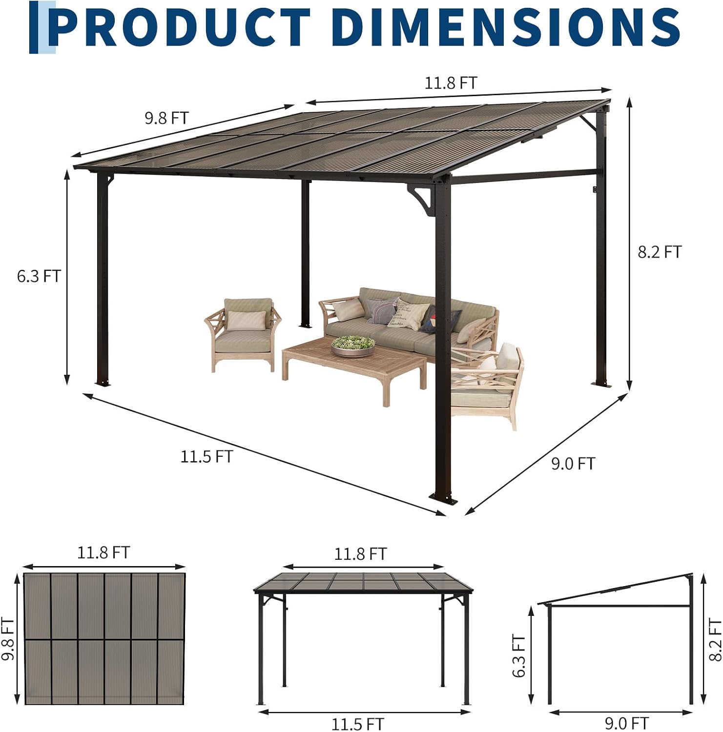 Acekool 10x12 Ft Wall Mounted Gazebo Pergola, Outdoor Lean to Gazebo Hardtop with Polycarbonate Roof, Upgraded Steel Frame Hardtop Pavilion for Patio, Garden, Lawn, Deck