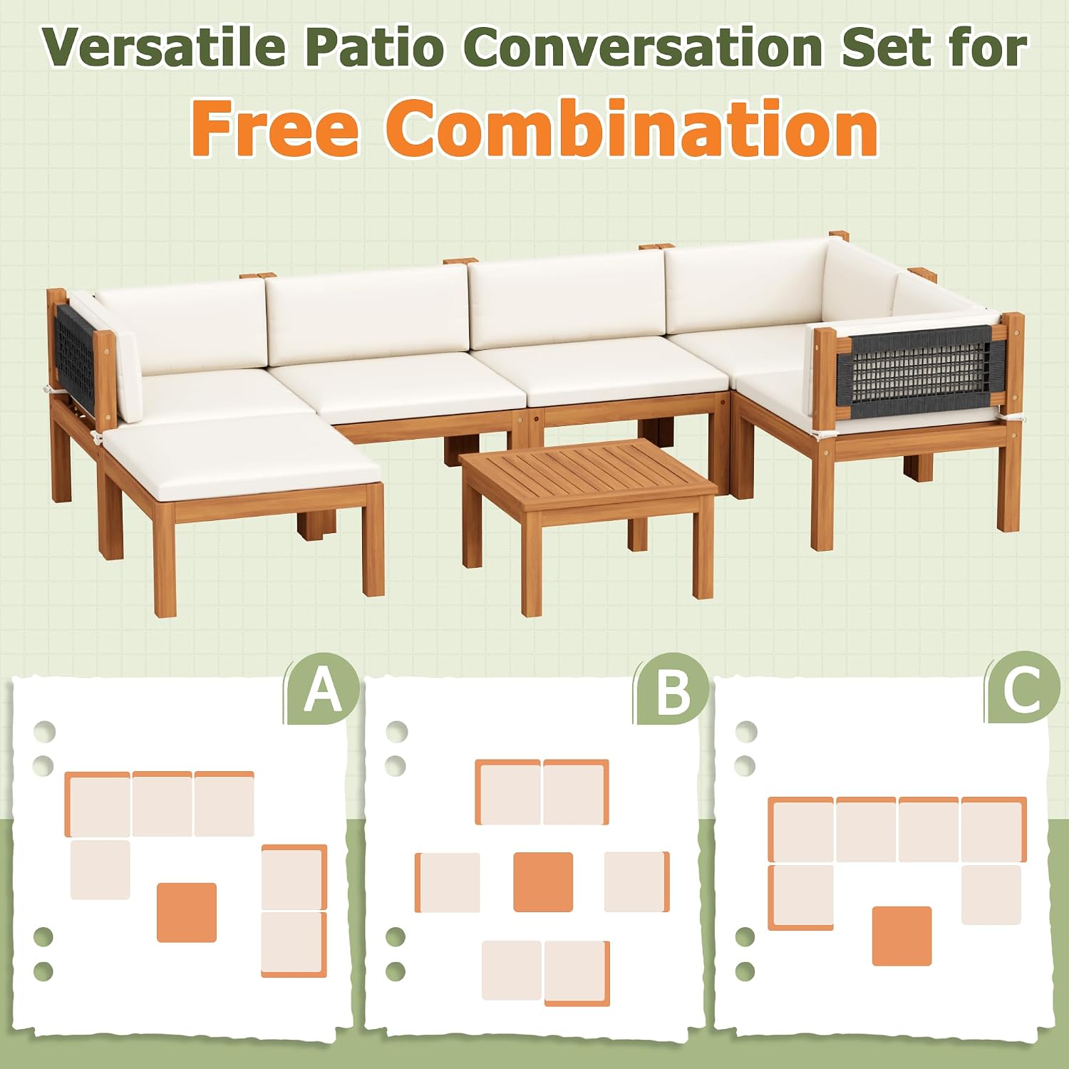 Devoko 7 Piece Acacia Wood Patio Sofa, Outdoor Sectional Coach and Love Seat with Coffee Table, Acacia Wood Patio Furniture Set for Balcony,Porch,Garden