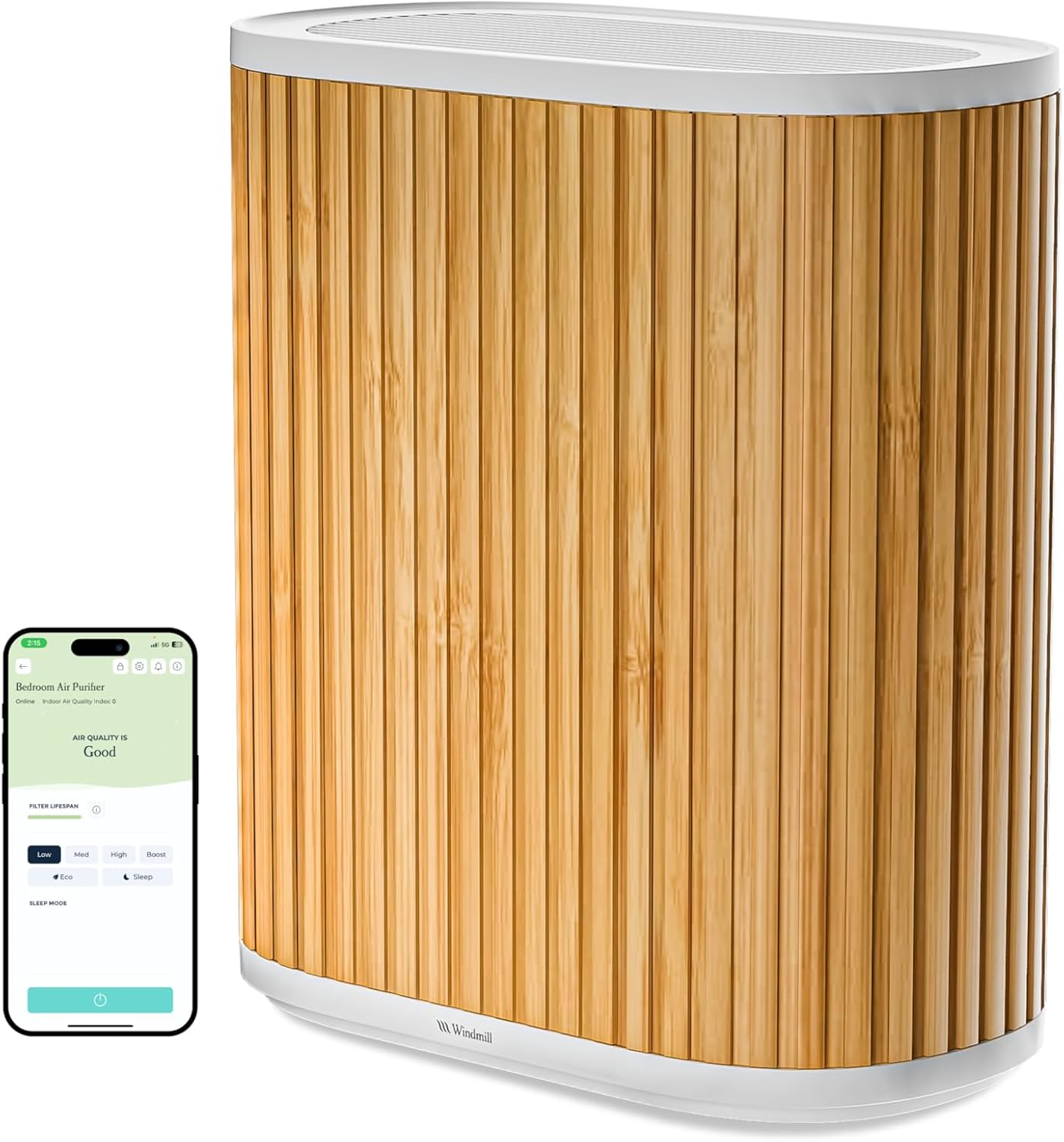 Windmill Air Purifier Max for Home - 3-In-1 Filtration for Dust, Smoke, & More - True HEPA Filter, Activated Carbon, & Pre-Filter - Ultra-Quiet - App Compatible - Covers Up To 1950 sq ft – Bamboo