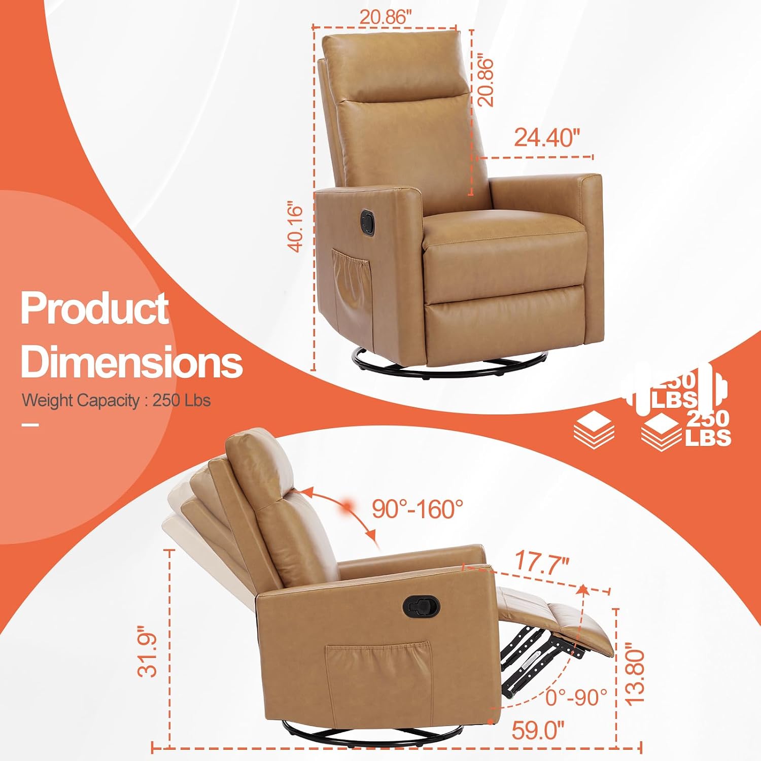 Sweetcrispy Recliner Chair, 360 Swivel Rocker Chair for Adults, Glider Rocker Recliners, Nursery Chairs for Living Room, High Back, Upholstered Deep Seat, Classical Brown