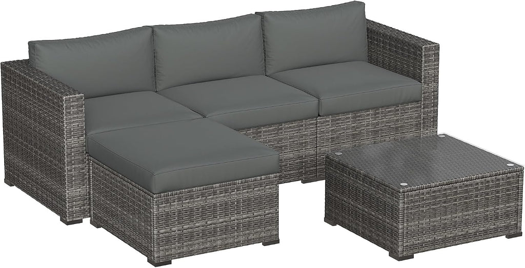 Green4ever 5-Piece Outdoor Patio Furniture Set, All-Weather Wicker Rattan Sectional Sofa with Cushions and Glass Coffee Table, Patio Conversation Set for Backyard, Porch, Garden, Balcony, Grey
