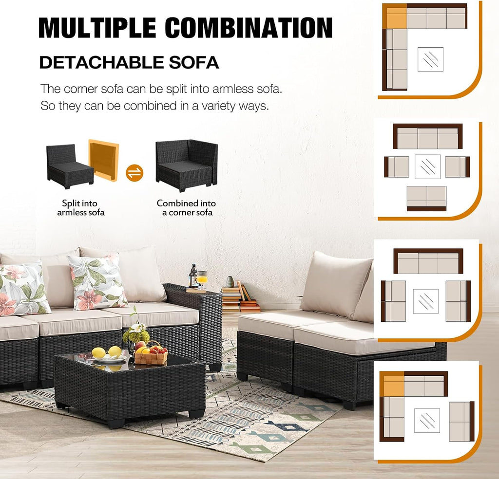 JOYURE 8 Pieces Patio Furniture Set All-Weather Outdoor Wicker Sectional Conversation Sofa Rattan Patio Seating Sofa with Cushion and Glass Table for Porch Poolside,Beige