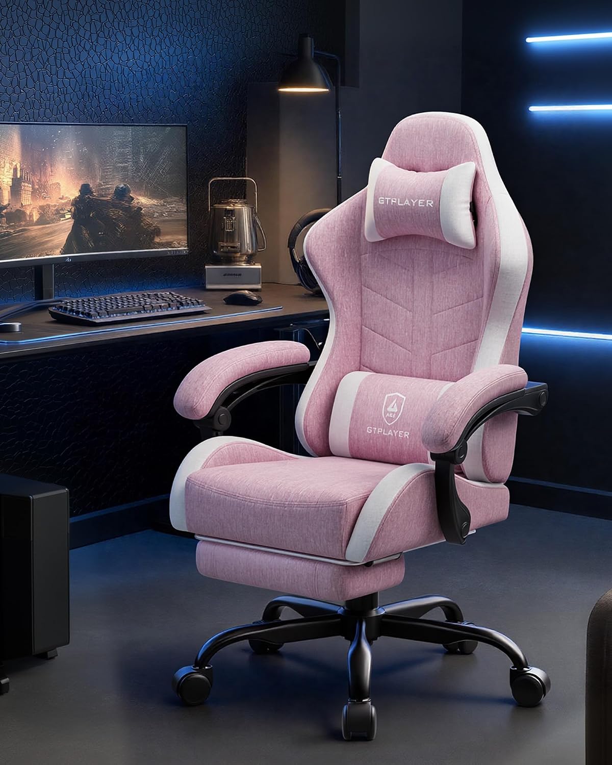 GTPLAYER Gaming Chair with Footrest, Computer Gaming Chair for Adults and Kids, Height Adjustable Gamer Chair with 90-155° Recline & Removable Headrest Lumbar Support,Linen Fabric Pink