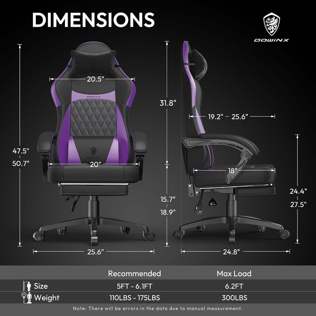 Dowinx Gaming Chair with Pocket Spring Cushion, Ergonomic Computer Chair with Massage Lumbar and Footrest for Adults, High Back Game Chair Leather for Office Gaming 300LBS, Purple New