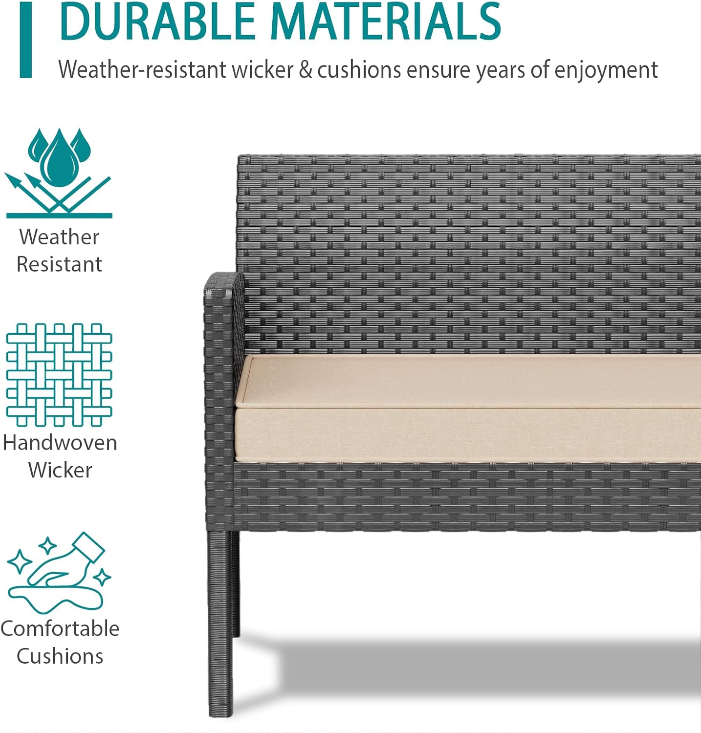 7-Piece Outdoor Patio Furniture Set, All-Weather Wicker Sectional Sofa with Cushions and 3 Pillows, Long Tempered Glass Coffee Table, Rattan Conversation Set for Garden, Porch, Lawn, Khaki