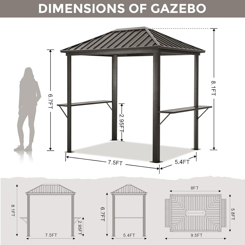 ABCCANOPY 6x8 Grill Hardtop Gazebo - Outdoor Permanent Barbecue Gazebo with Galvanized Steel Roof, Aluminum BBQ Canopy with Shelves for Patio, Lawn, Garden (Single Roof, Gray)