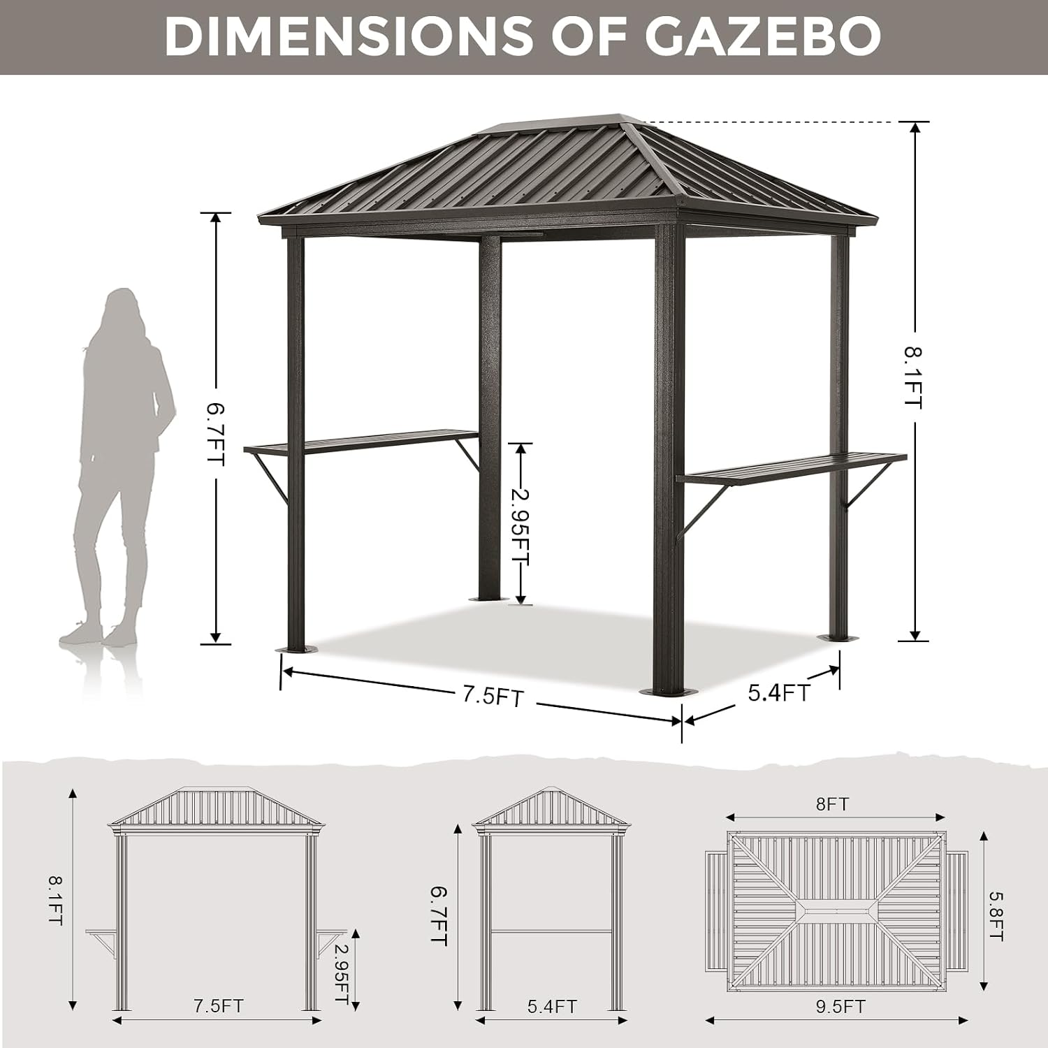 ABCCANOPY 6x8 Grill Hardtop Gazebo - Outdoor Permanent Barbecue Gazebo with Galvanized Steel Roof, Aluminum BBQ Canopy with Shelves for Patio, Lawn, Garden (Single Roof, Gray)