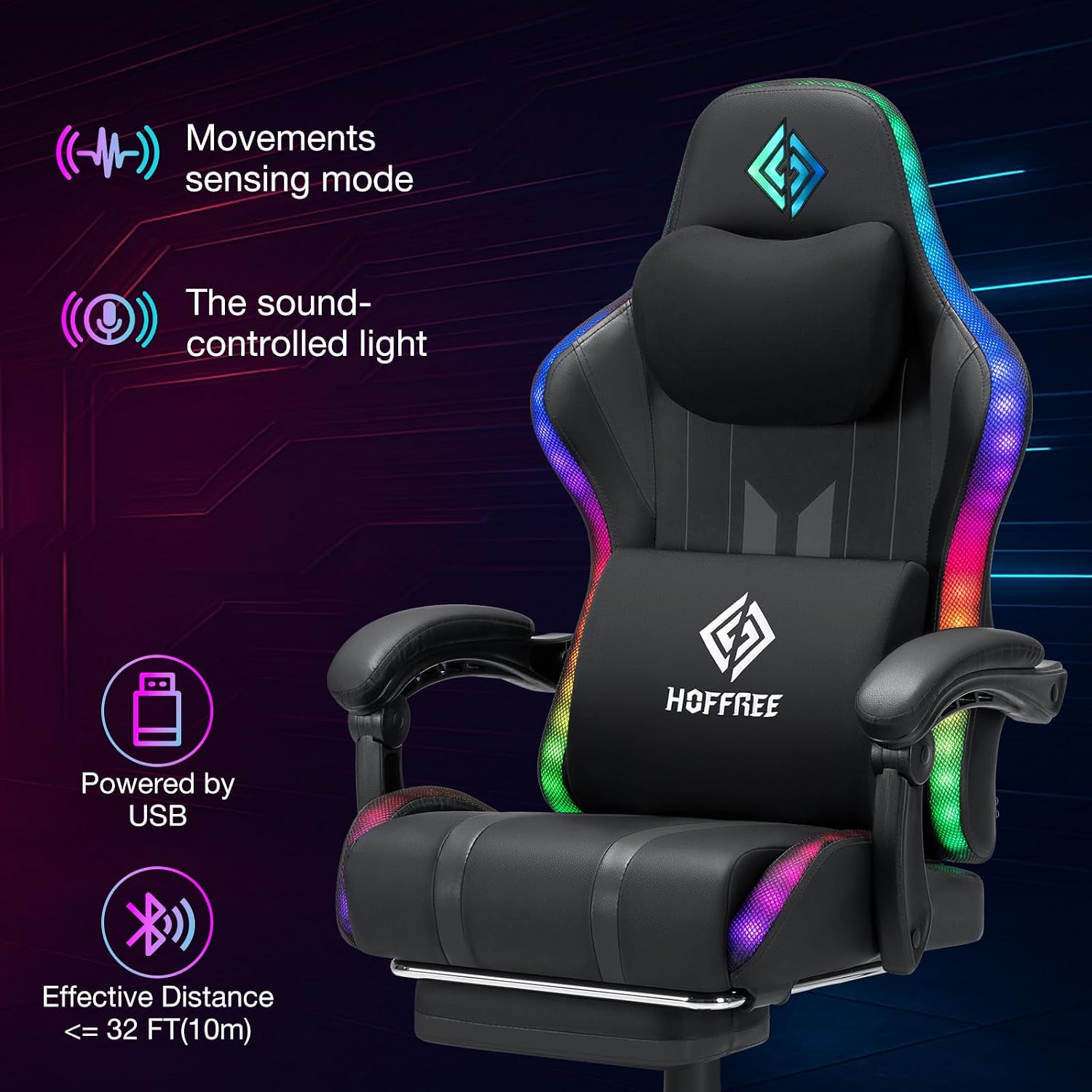 HOFFREE Gaming Chair with Music Rhythm RGB LED Lights and Bluetooth Speakers Ergonomic Massage Computer Gaming Chair with Footrest Video Game Chair High Back with Lumbar Support Grey and Black