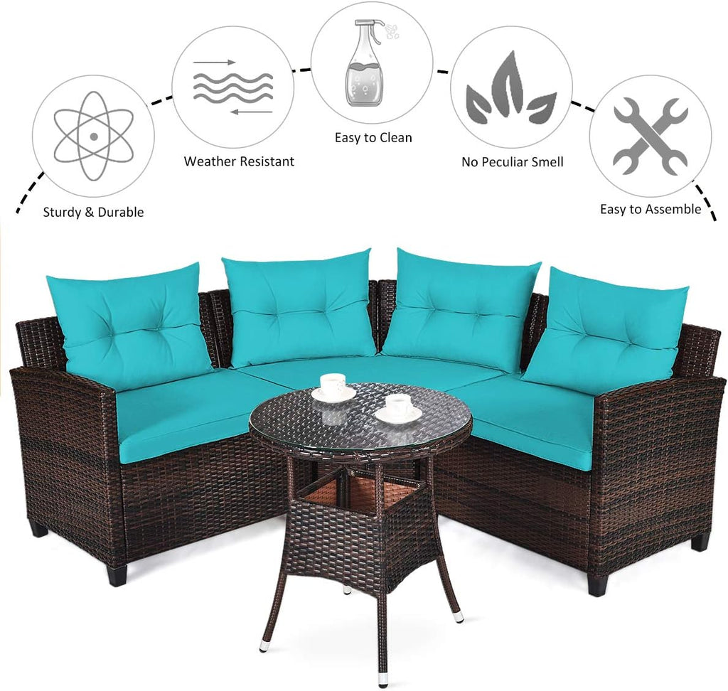 Tangkula 4-Piece C Shape Patio Furniture Set, Outdoor Corner Wicker Rattan Sectional Cushioned Sofa Set, with Glass Coffee Table, for Garden Poolside Balcony (Turquoise)