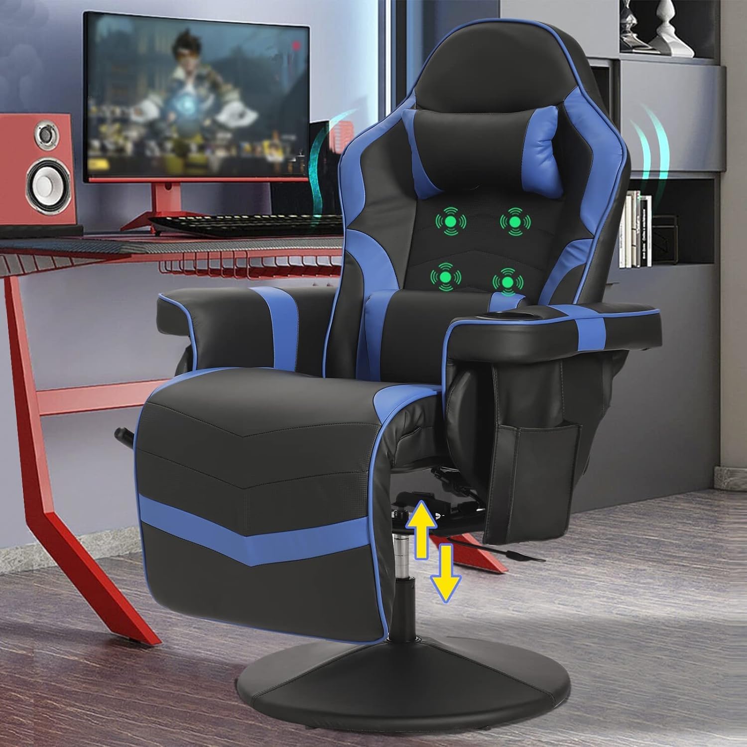 LVUYOYO Reclining Gaming Chair, Massage Gaming Chairs for Adults, High Back PU Leather Game Recliner w/Adjustable Height, Swivel Game Chair with Lumbar Support, Cup Holder, Headrest