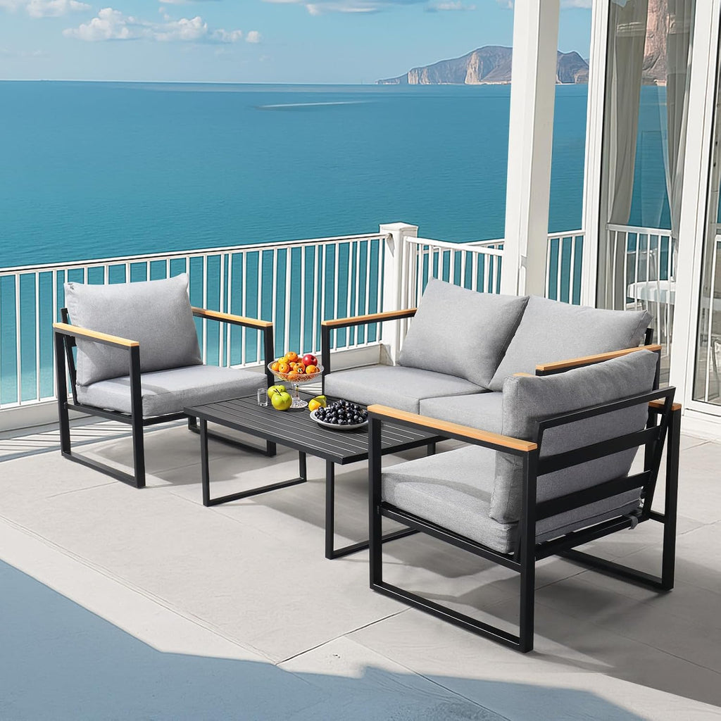 VINGLI Outdoor Metal Patio Furniture Sets 4-Piece, Sectional Outdoor Conversation Sets w/Iron Coffee Table, Patio Couch with Removable Cushion for Porch, Garden, Poolside