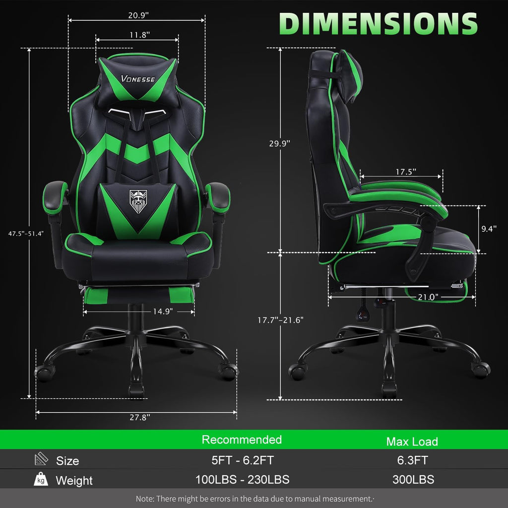 Vonesse Gaming Chair, High Back Gaming Chair with Footrest and Massage, Gaming Chairs for Adults with Pocket Spring Cushion, Big and Tall Reclining Computer Chair with Lumbar Support (Green/Black)