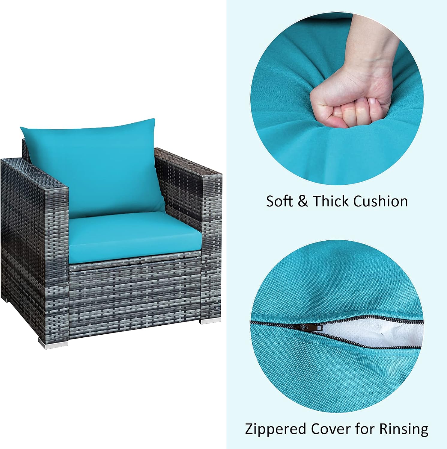 Tangkula 3 Pieces Patio Furniture Set, PE Rattan Wicker Sofa Set w/Washable Cushion and Tempered Glass Tabletop, Outdoor Conversation Furniture for Garden Poolside Backyard